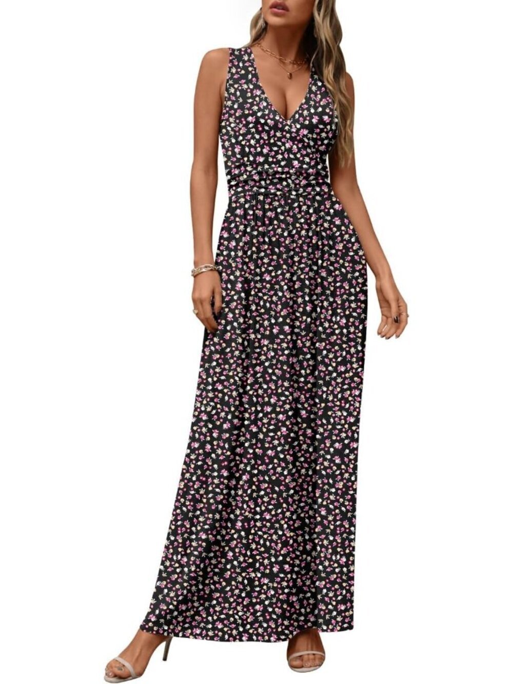 Women's Small Floral Black Sleeveless Summer Casual Formal  Pockets Maxi Dress